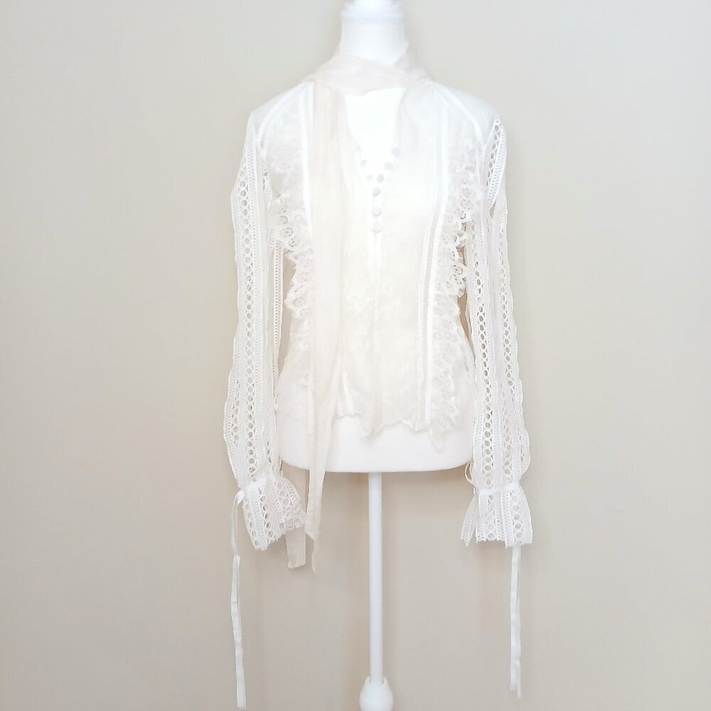 Self Portrait Victorian Romantic Sheer Draped Sleeve Lace Paneled Blouse Size 2 - Picture 2 of 14